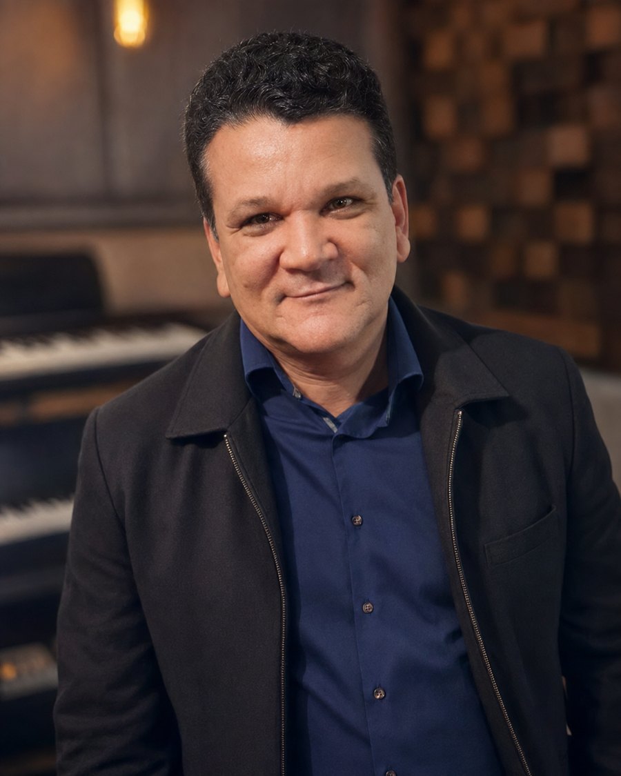Kirley Reis, compositor, ao lado de um piano em estúdio